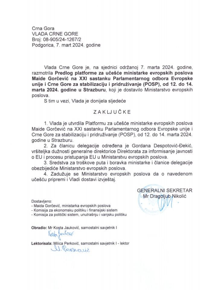 Predlog platforme za učešće ministarke evropskih poslova Maide Gorčević na XXI sastanku Parlamentarnog odbora Evropske unije i Crne Gore za stabilizaciju i pridruživanje (POSP), od 12. do 14. marta 2024. godine, u Strazburu - zaključci