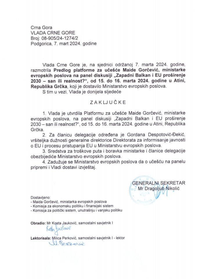 Predlog platforme za učešće Maide Gorčević, ministarke evropskih poslova, na panel diskusiji „Zapadni Balkan i EU proširenje 2030 – san ili realnost?“, koja će se održati u Atini, Republika Grčka, 15. i 16. marta 2024. godine - zaključci