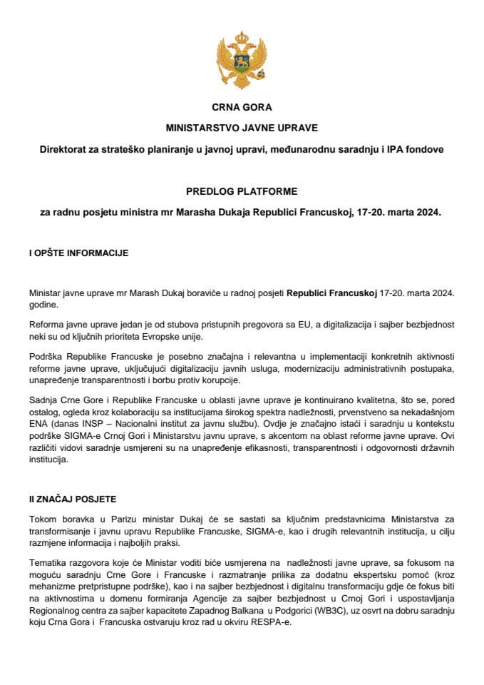 Predlog platforme za radnu posjetu ministra javne uprave mr Marasha Dukaja Republici Francuskoj, 17-20. marta 2024. godine
