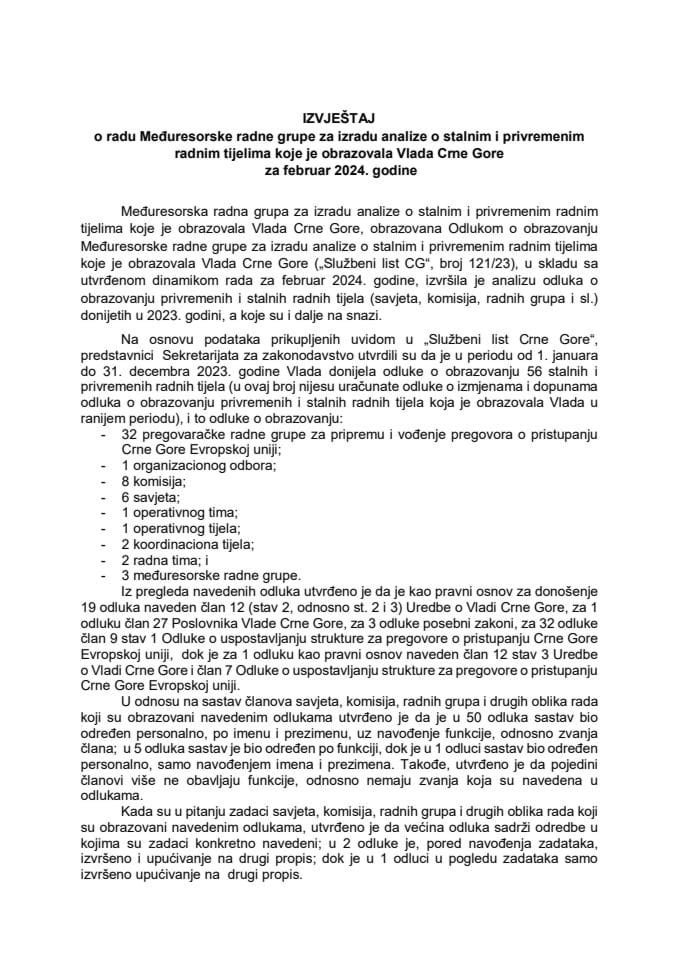 Извјештај о раду Међуресорске радне групе за израду анализе о сталним и привременим радним тијелима које је образовала Влада Црне Горе, за фебруар 2024. године