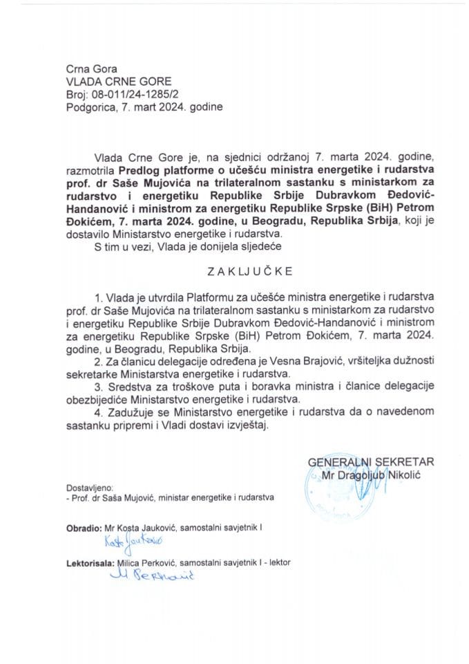 Predlog platforme o učešću ministra energetike i rudarstva prof. dr Saše Mujovića na trilateralnom sastanku sa ministarkom za rudarstvo i energetiku Republike Srbije, Dubravkom Đedović Handanović - zaključci