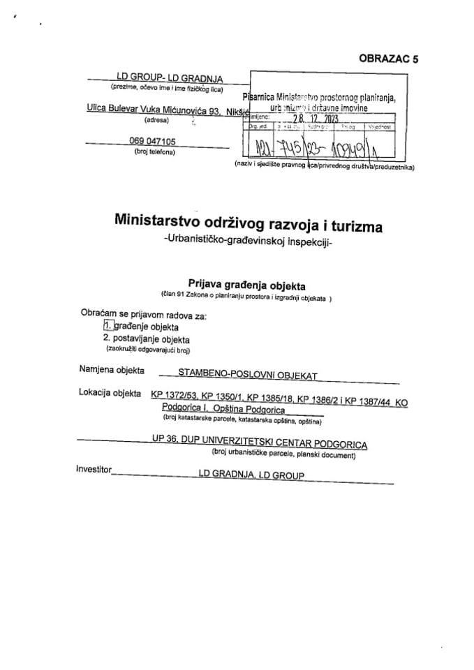 Prijava građenja objekta - 121-745-23-10949-1 LD GROUP-LD GRADNJA