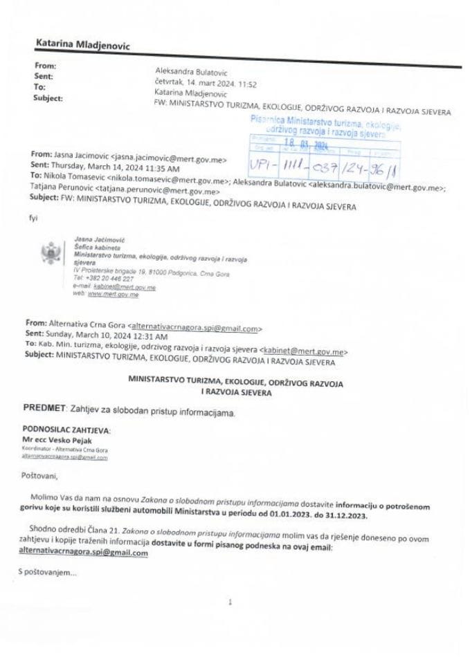 Zahtjev - Slobodan pristup informacijama - UPI-1111-037-24-96-1 - Vesko Pejak