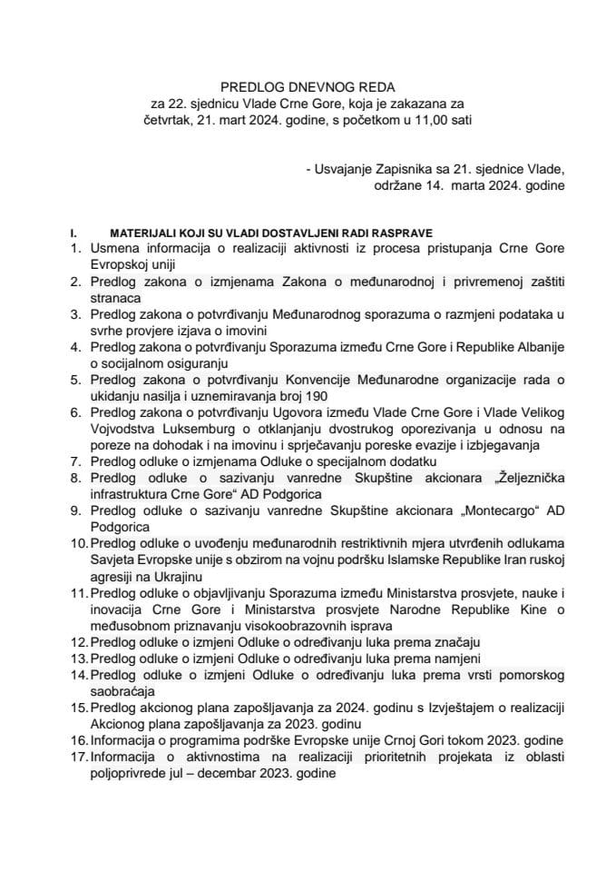 Предлог дневног реда за 22. сједницу Владе Црне Горе