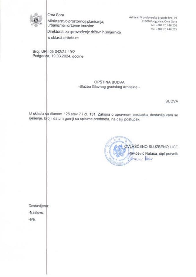 Rješenja po žalbi glavnog državnog arhitekte - 19.03.2024 Rješenje po žalbi -AURA VITALIS DOO, Budva -Opština Budva