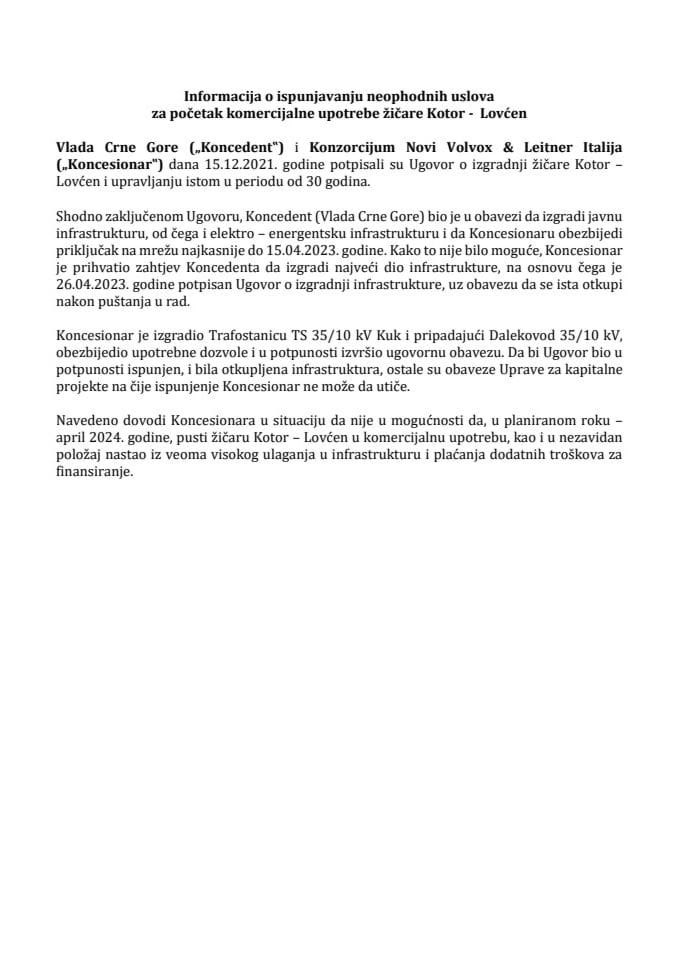 Informacija o ispunjavanju neophodnih uslova za početak komercijalne upotrebe žičare Kotor – Lovćen