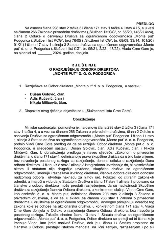Predlog za razrješenje Odbora direktora „Monte put“ d. o. o. Podgorica