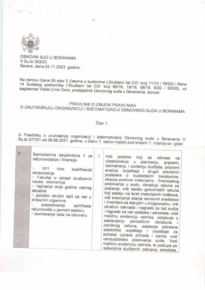Предлог правилника о измјени Правилника о унутрашњој организацији и систематизацији Основног суда у Беранама (без расправе)