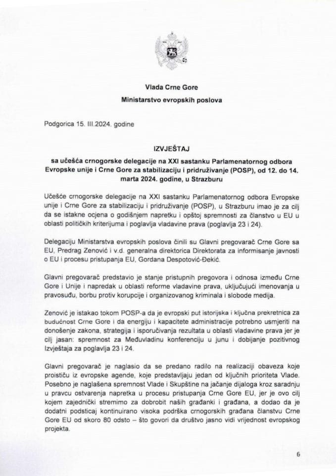 Izvještaj sa učešća crnogorske delegacije na XXI sastanku Parlamentarnog odbora Evropske unije i Crne Gore za stabilizaciju i pridruživanje (POSP), od 12. do 14. marta 2024. godine, u Strazburu