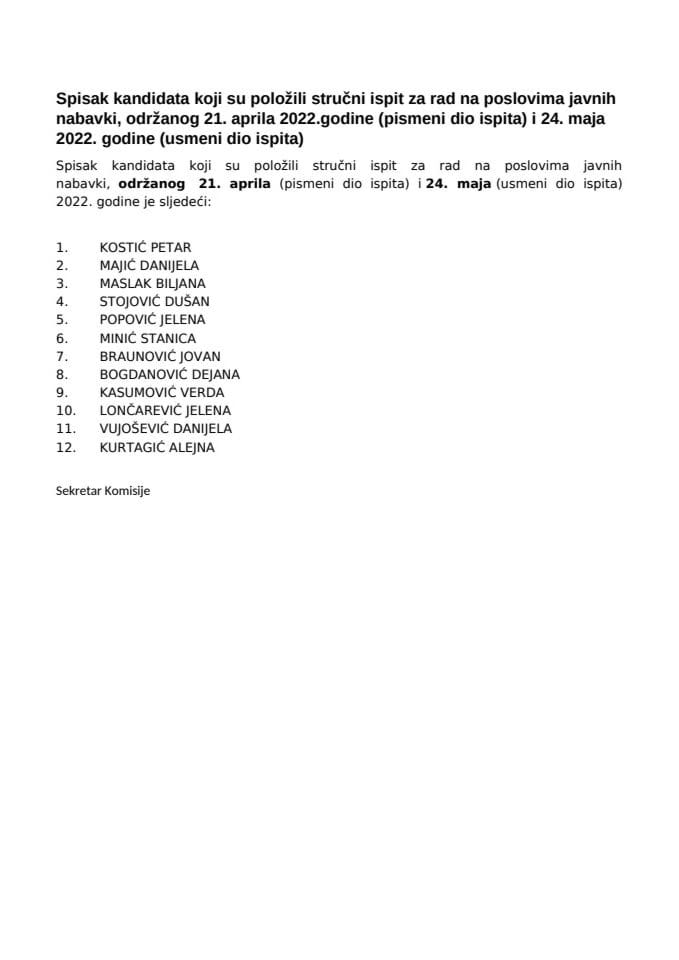 Списак кандидата који су положили стручни испит за рад на пословима јавних набавки 21. април и 24. мај 2022. године
