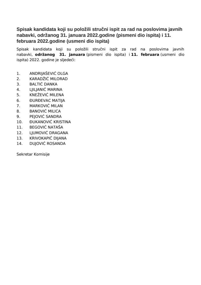 Списак кандидата који су положили стручни испит за рад на пословима јавних набавки 31. јануар писмени дио и 11. фебруар 2022. године