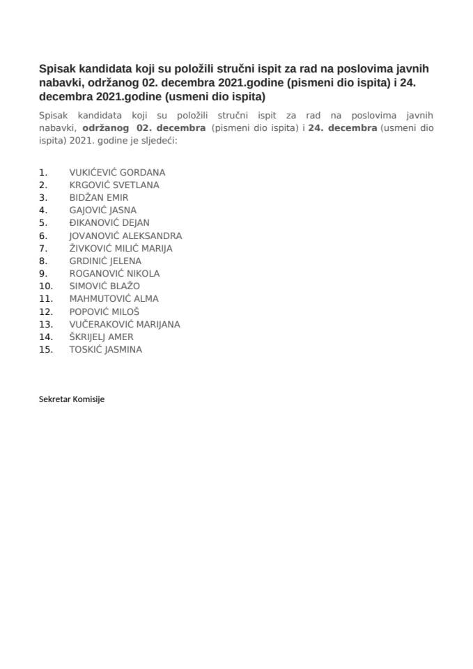 Spisak kandidata koji su položili stručni ispit za rad na poslovima javnih nabavki 24. decembar 2021. godine