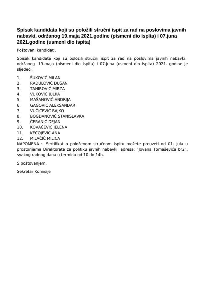 Списак кандидата који су положили стручни испит за рад на пословима јавних набавки 7. јун 2021. године