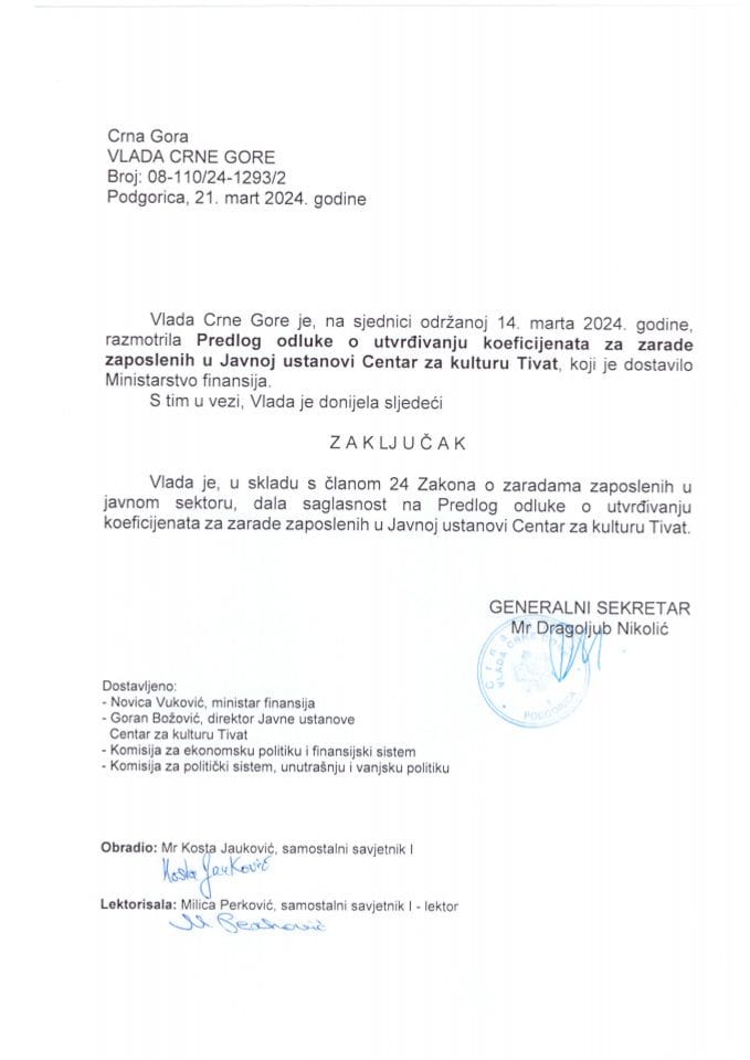 Predlog odluke o utvrđivanju koeficijenata za zarade zaposlenih u Javnoj ustanovi Centar za kulturu Tivat - zaključci