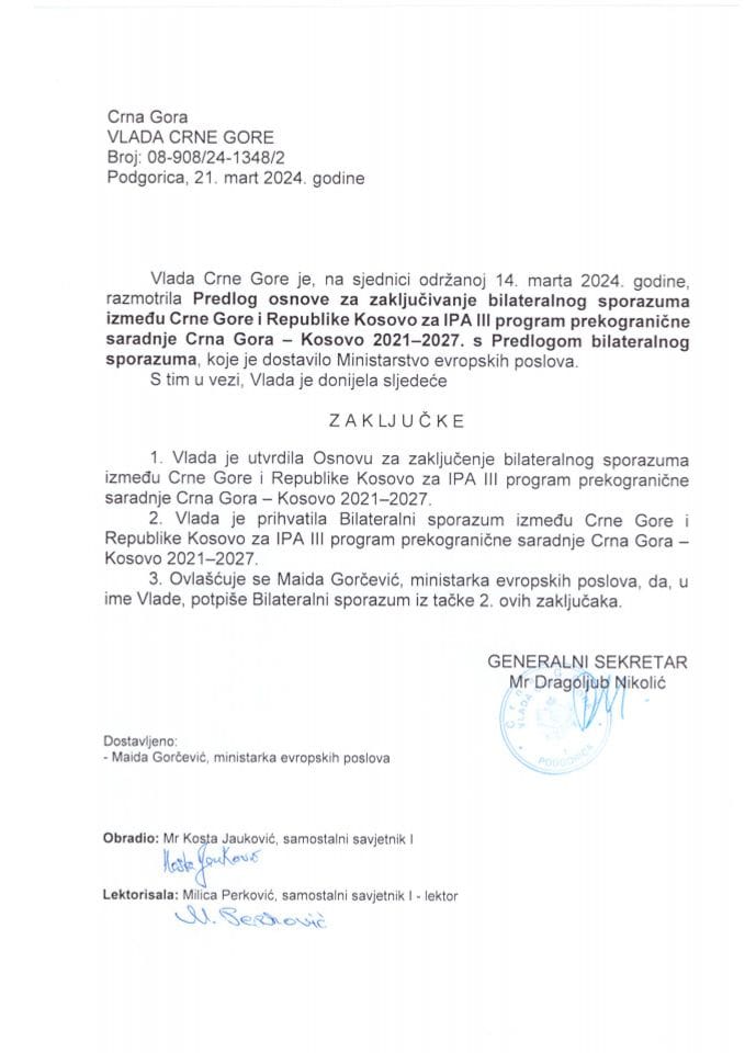Predlog osnove za zaključivanje Bilateralnog sporazuma između Crne Gore i Republike Kosovo za IPA III Program prekogranične saradnje Crna Gora - Kosovo za period 2021-2027 s Predlogom bilateralnog sporazuma - zaključci
