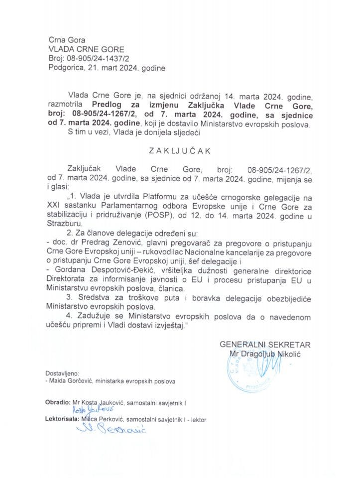 Предлог за измјену Закључка Владе Црне Горе, број: 08-905/24-1267/2, од 7. марта 2024. године - закључци