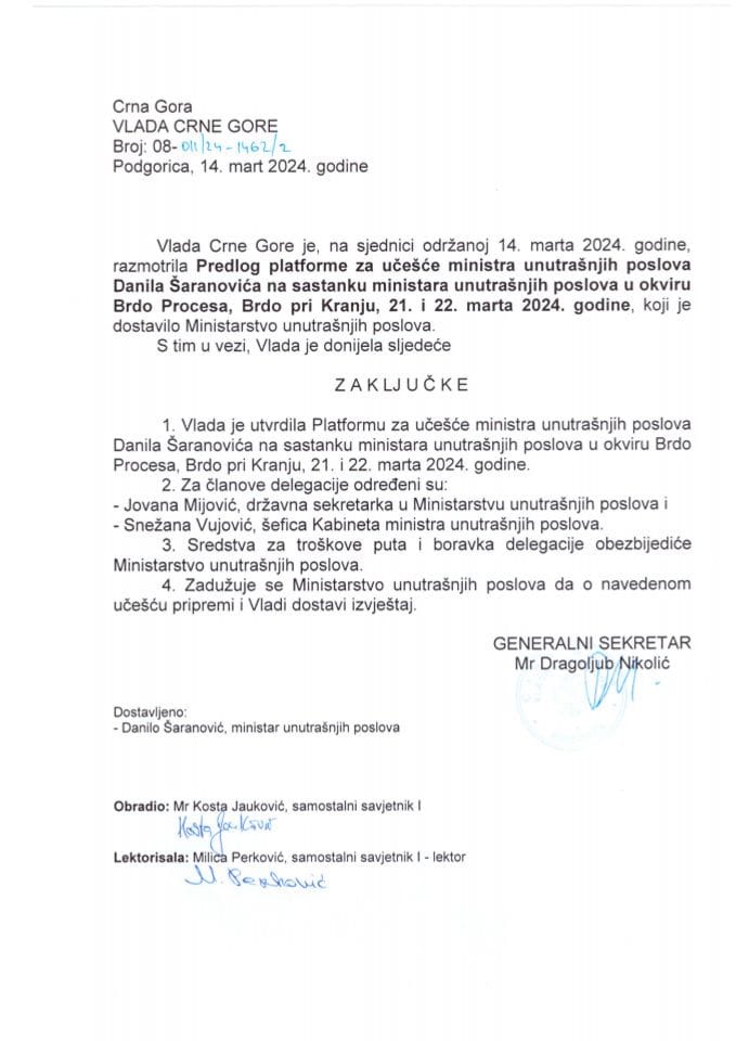 Предлог платформе за учешће министра унутрашњих послова, Данила Шарановића, на састанку министара унутрашњих послова у оквиру Брдо Процеса, Брдо при Крању, 21-22. март 2024. године - закључци