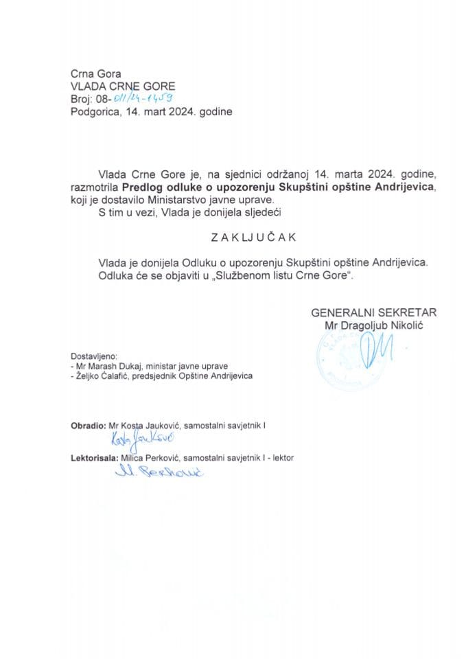 Predlog odluke o upozorenju Skupštini opštine Andrijevica - zaključci