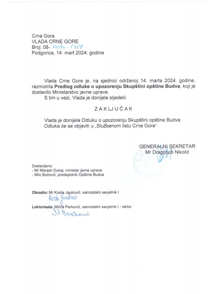Predlog odluke o upozorenju Skupštini opštine Budva - zaključci