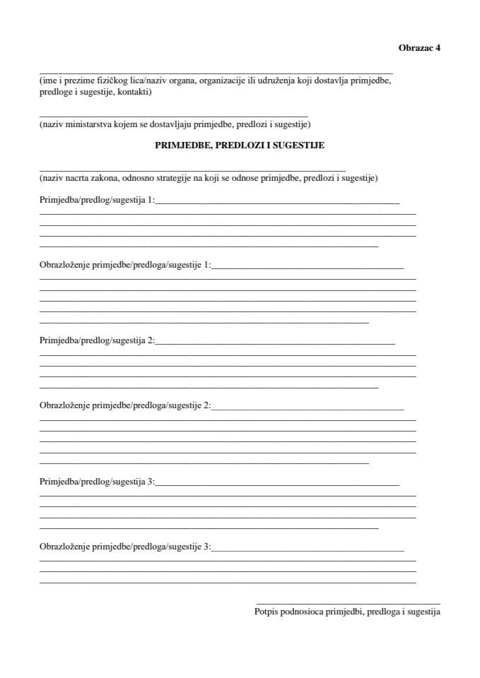 Obrazac 4 - Primjedbe, sugestije, komentari - Nacrt zakona o zaštiti od negativnih uticaja klimatskih promjena i zaštiti ozonskog omotača
