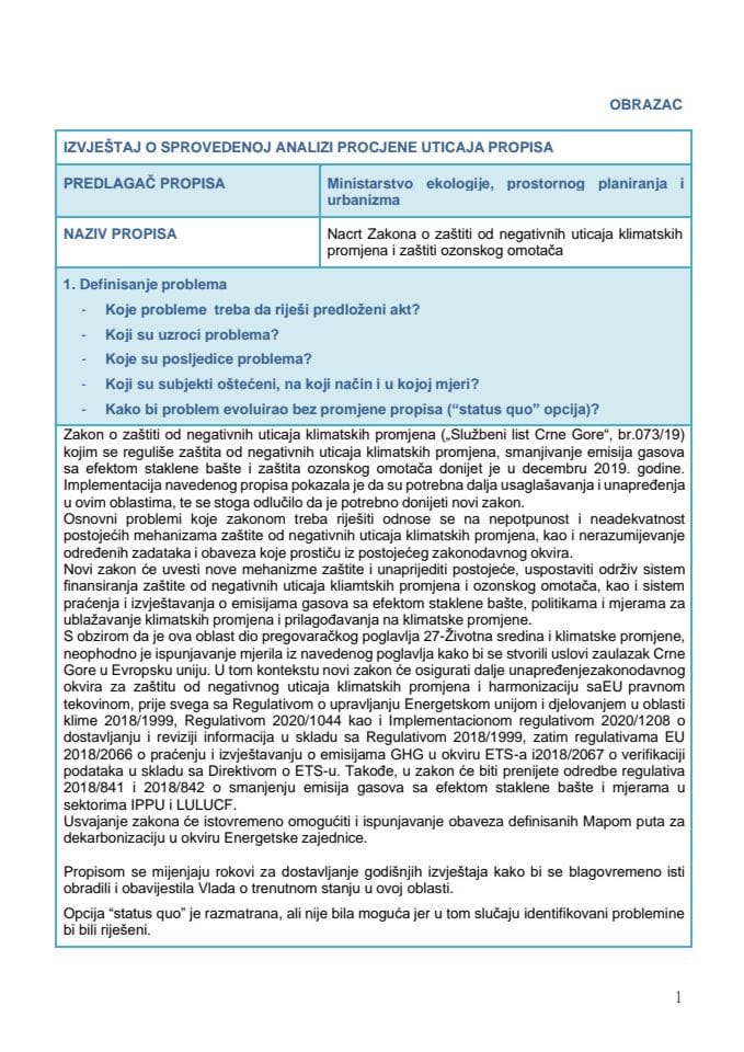 RIA obrazac - Nacrt zakona o zaštiti od negativnih uticaja klimatskih promjena i zaštiti ozonskog omotača
