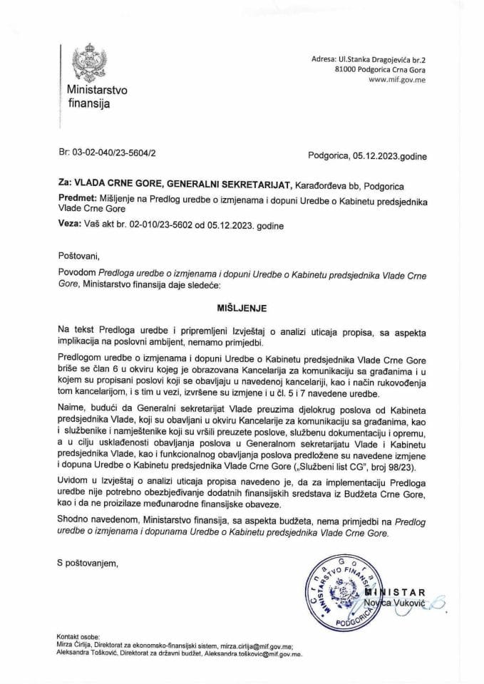 Predlog uredbe o izmjenama i dopuni Uredbe o Kabinetu predsjednika Vlade Crne Gore - mišljenje Ministarstva finansija