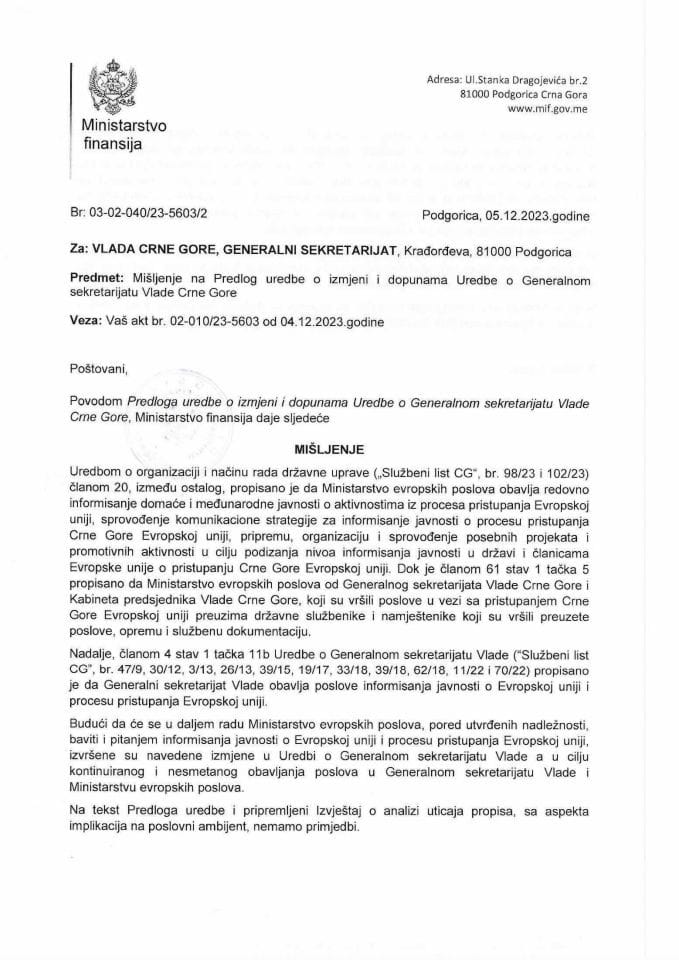Предлог уредбе о измјени и допунама Уредбе о Генералном секретаријату Владе Црне Горе - мишљење Министарства финансија