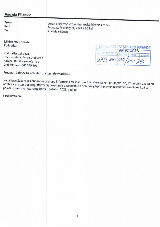 Zahtjev UPI 04-037/24-245 - Pisani zadatak kandidata koji je položio pisani dio notarstkog ispita u oktobru 2023. godine