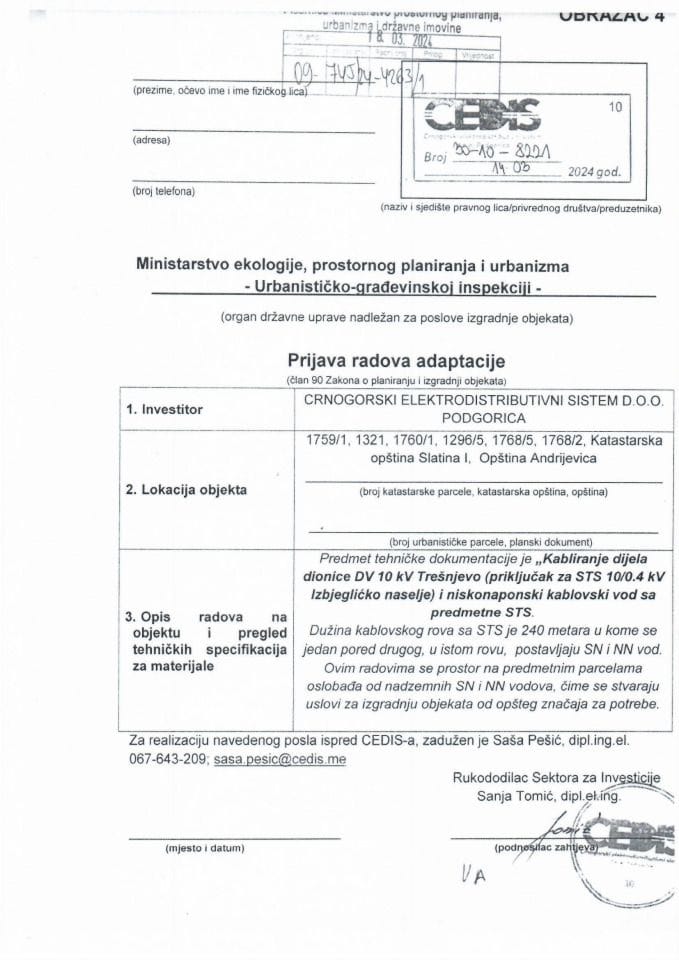 Prijava radova adaptacije - 09-745-24-4263-1 cedis doo