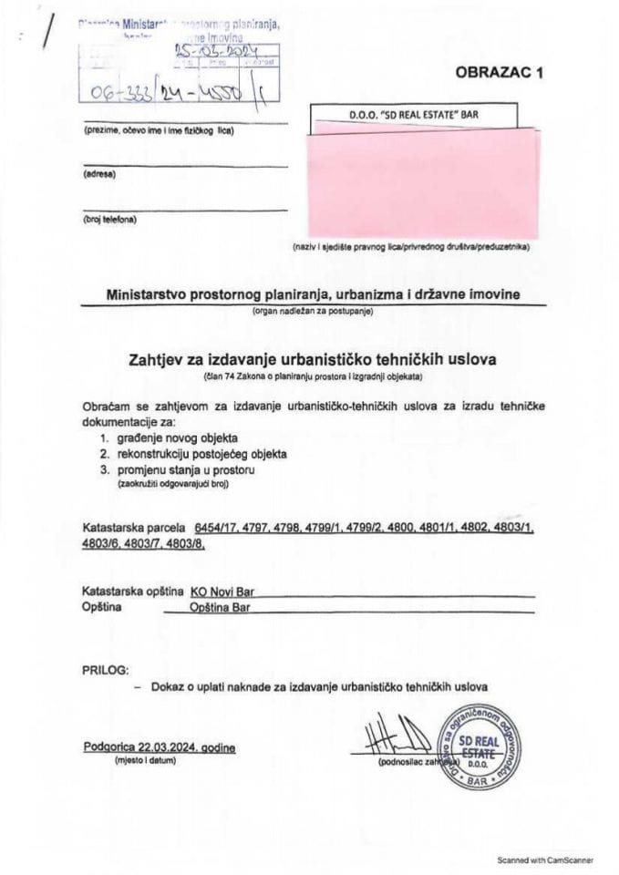 Zahtjevi za izdavanje urbanističko tehničkih uslova - 06_333_24_4550_ DOO SD Realestate Bar
