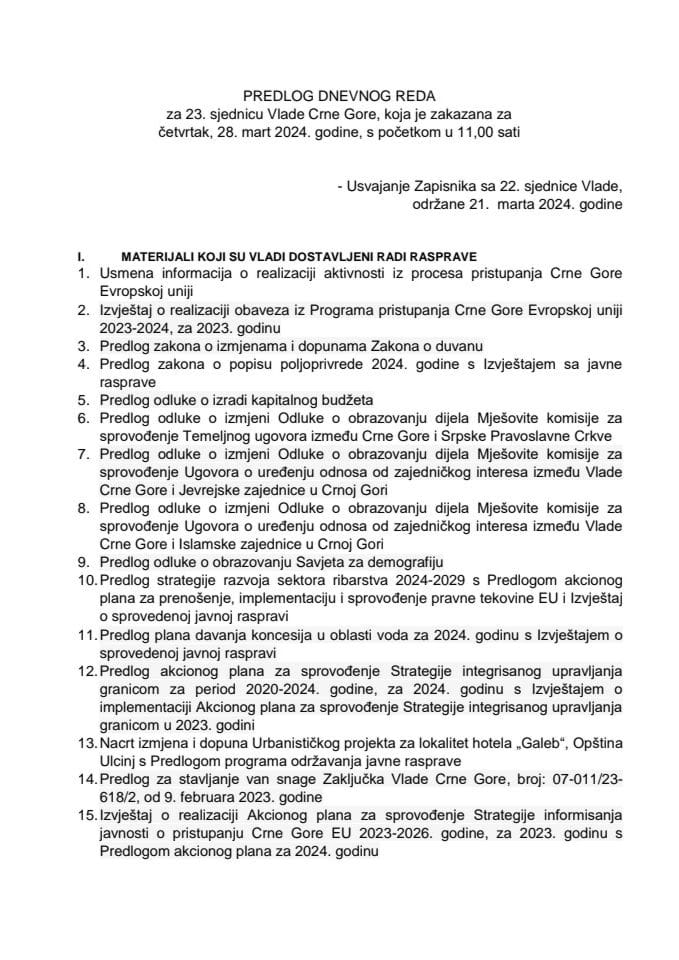 Предлог дневног реда за 23. сједницу Владе Црне Горе