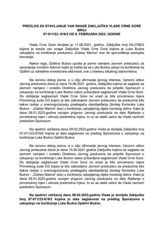 Predlog za stavljanje van snage Zaključka Vlade Crne Gore, broj: 07-011/23- 618/2, od 9. februara 2023. godine