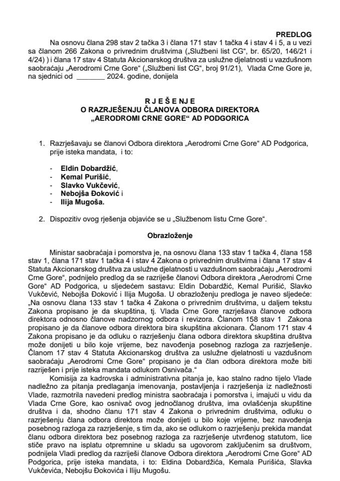 Predlog za razrješenje članova Odbora direktora „Aerodromi Crne Gore” AD Podgorica