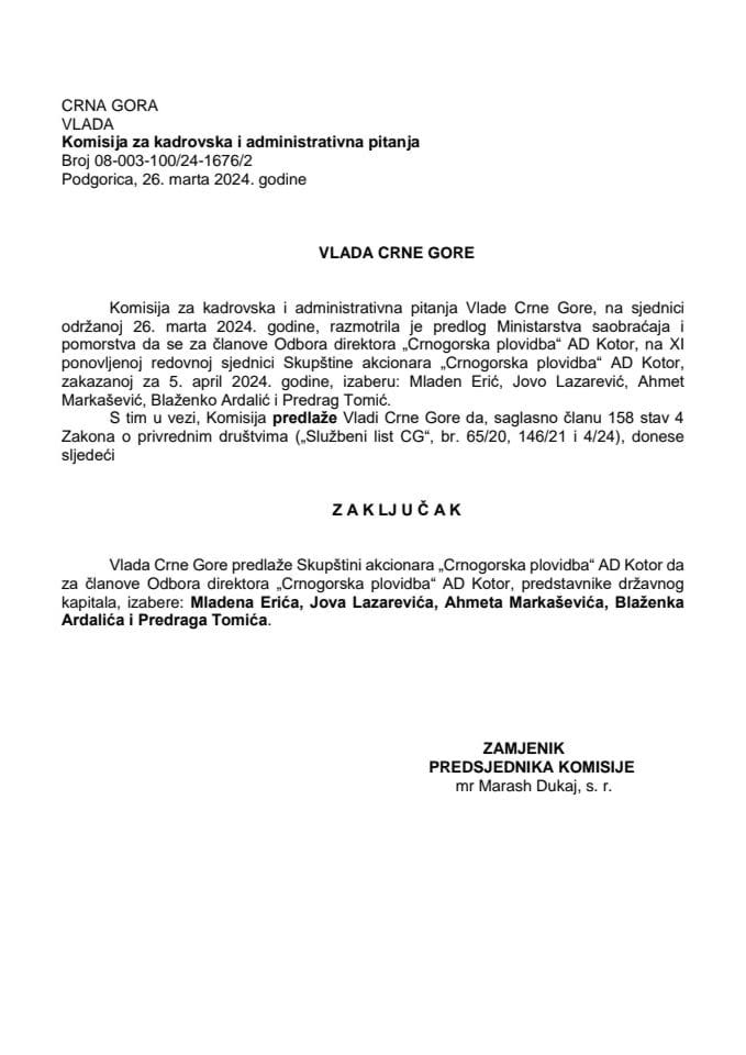 Предлог за избор чланова Одбора директора „Црногорска пловидба“ АД Котор