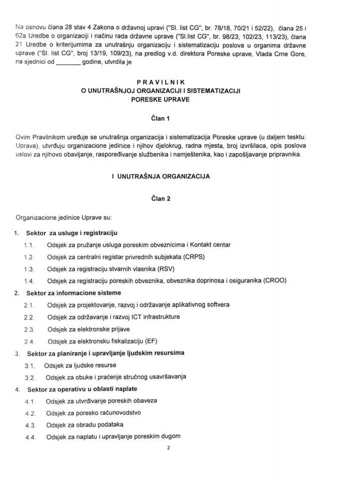 Predlog pravilnika o unutrašnjoj organizaciji i sistematizaciji Poreske uprave
