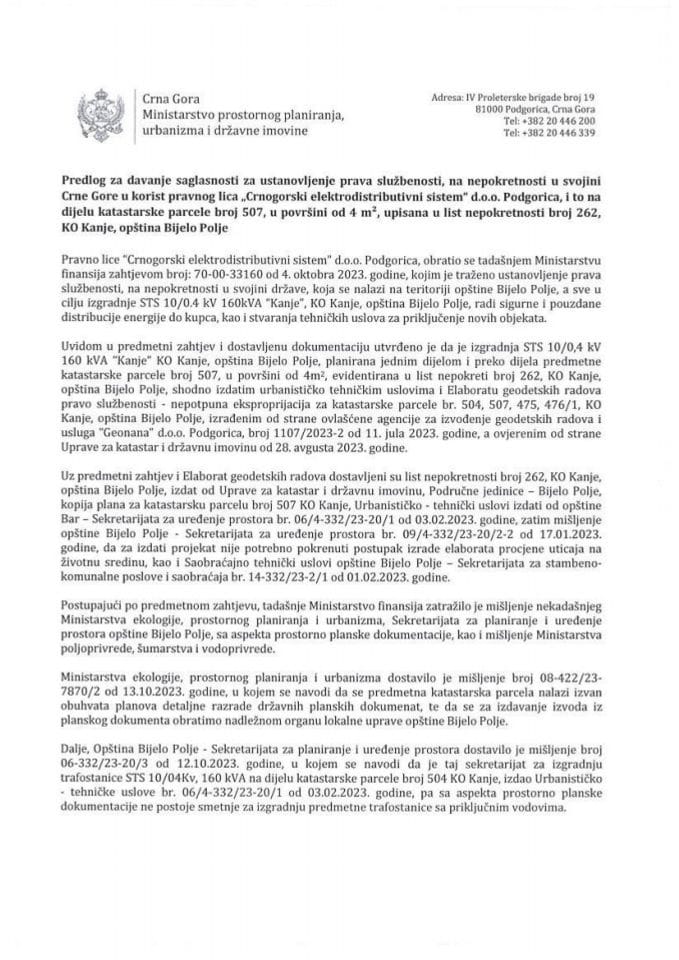 Predlog za davanje saglasnosti za ustanovljenje prava službenosti, na nepokretnosti u svojini Crne Gore u korist pravnog lica „Crnogorski elektrodistributivni sistem“ d.o.o. Podgorica