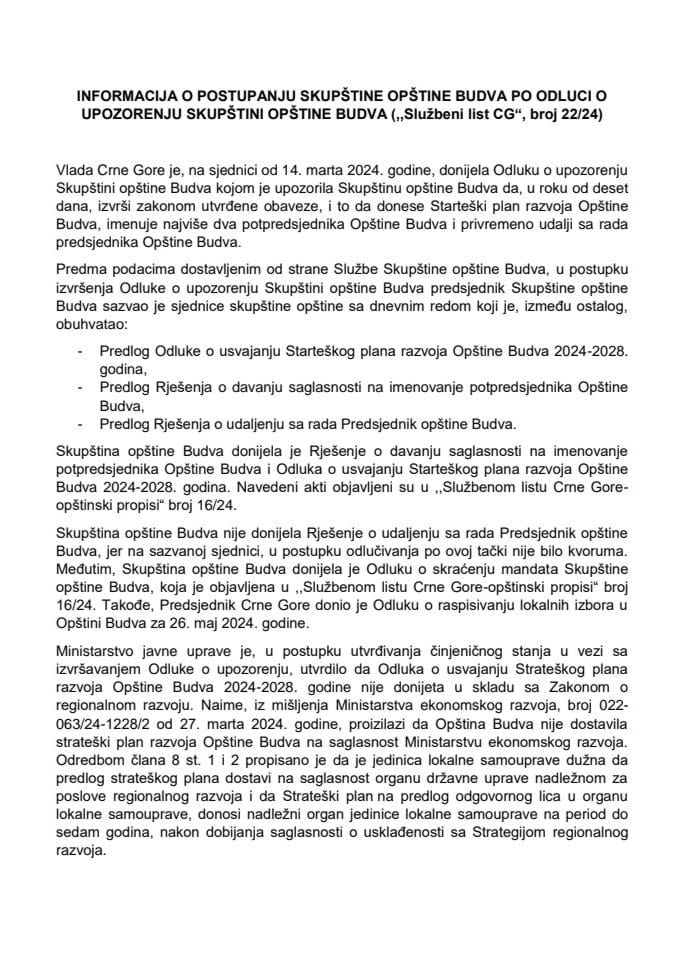 Informacija o postupanju Skupštine opštine Budva po Odluci o upozorenju Skupštini opštine Budva (Službeni list CG, broj 22/24)