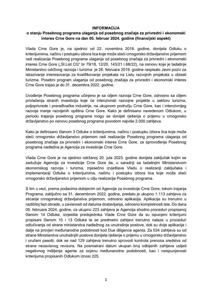 Информација о стању Посебног програма улагања од посебног значаја за привредни и економски интерес Црне Горе на 05. фебруар 2024. године (финансијски аспект)