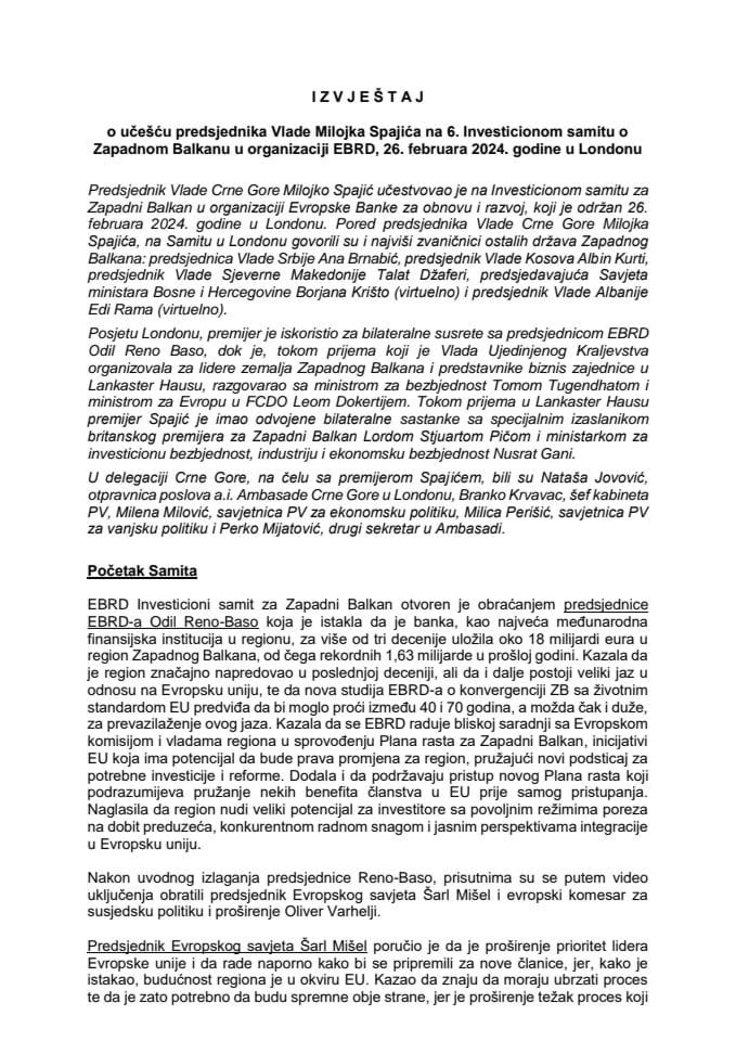Izvještaj o učešću predsjednika Vlade Milojka Spajića na 6. Investicionom samitu o Zapadnom Balkanu u organizaciji EBRD, 26. februara 2024. godine u Londonu