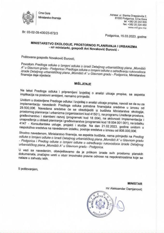 Predlog odluke o izmjeni Odluke o izradi Detaljnog urbanističkog plana Momišići A - mišljenje Ministarstva finansija