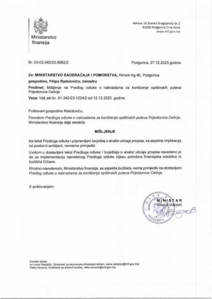 Предлог одлуке о накнадама за коришћење општинских путева Пријестонице Цетиње - мишљење Министарства финансија