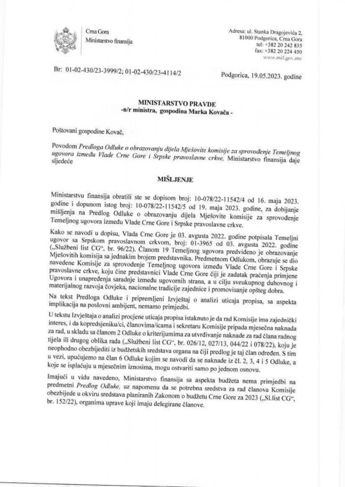 Predlog odluke o obrazovanju dijela Mješovite komisije za sprovođenje Temeljnog ugovora između Vlade Crne Gore i Srpske pravoslavne crkve - mišljenje Ministarstva finansija