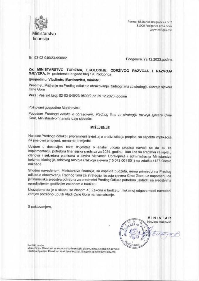 Predlog odluke o obrazovanju Radnog tima za strategiju razvoja sjevera Crne Gore - mišljenje Ministarstva finansija