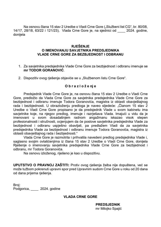 Predlog za imenovanje savjetnika predsjednika Vlade Crne Gore za bezbjednost i odbranu