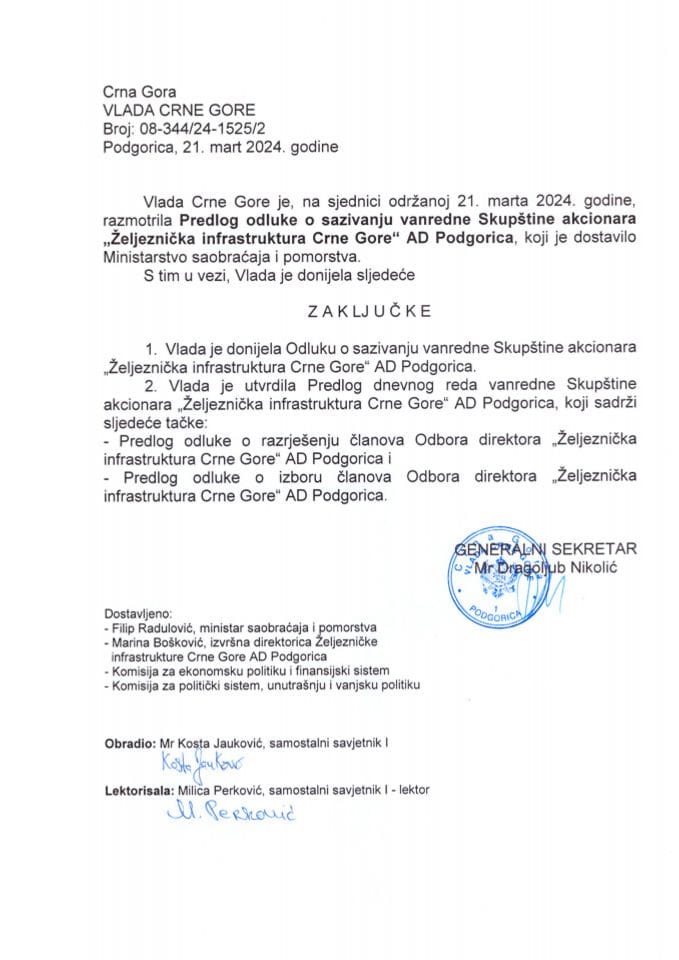 Predlog odluke o sazivanju vanredne Skupštine akcionara „Željeznička infrastruktura Crne Gore“ AD Podgorica - zaključci