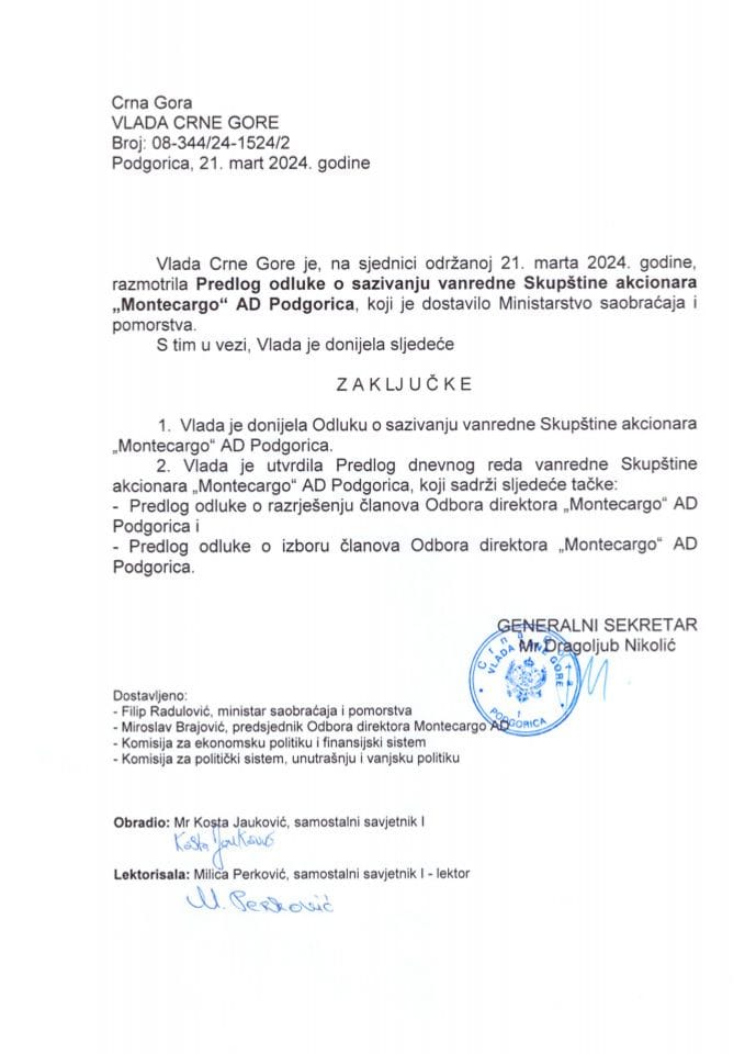 Predlog odluke o sazivanju vanredne Skupštine akcionara „Montecargo“ AD Podgorica - zaključci