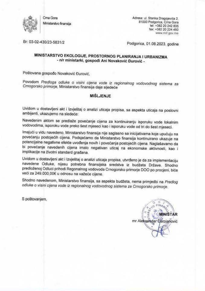 Predlog odluke o visini cijena vode iz regionalnog vodovodnog sistema za crnogorsko primorje - mišljenje Ministarstva finansija