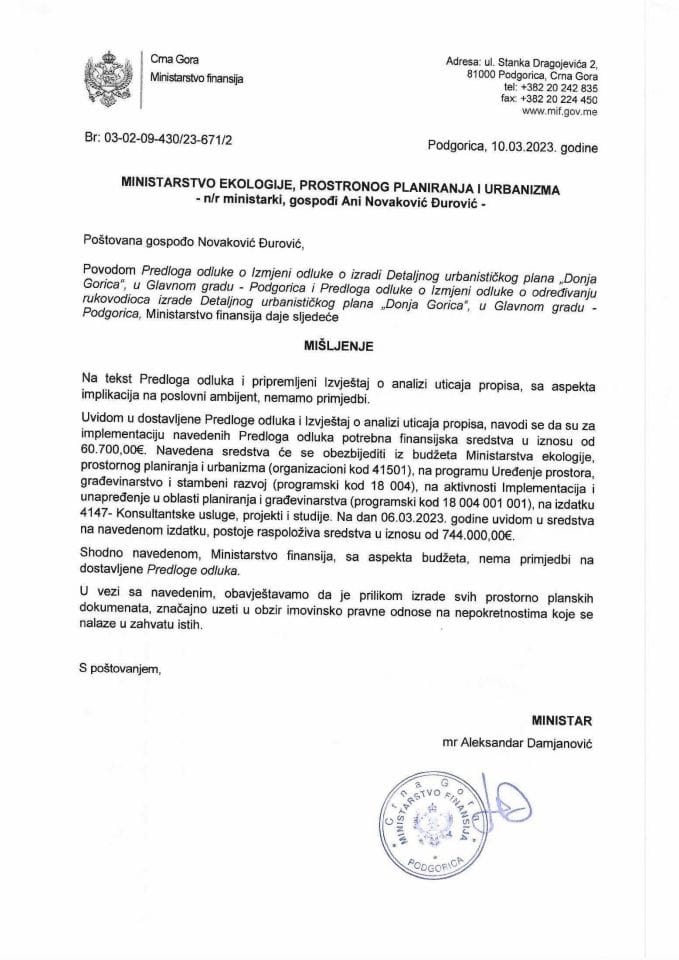 Predlog odluke o izmjeni Odluke o izradi DUP Donja Gorica u GG Podgorica - mišljenje Ministarstva finansija