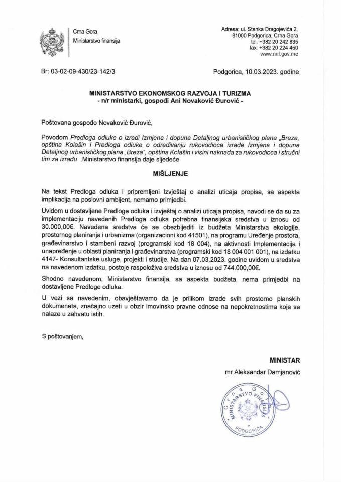 Predlog odluke o izradi Izmjena i dopuna DUP Breza, opština Kolašin - mišljenje Ministarstva finansija