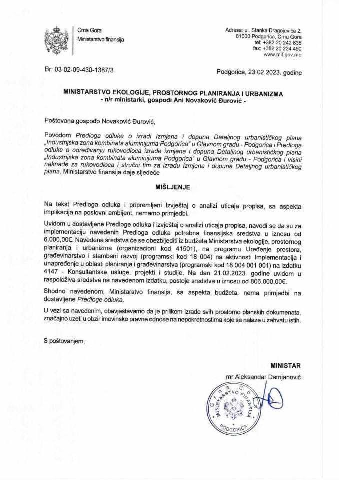 Predlog odluke o izradi Izmjena i dopuna DUP Industrijska zona kombinata aluminijuma, Glavni grad Podgorica - mišljenje Ministarstva finansija
